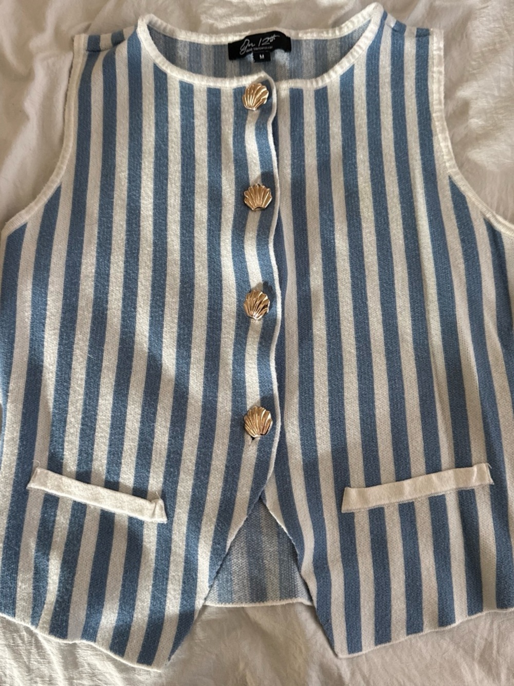 Blue & White Striped Vest with Shell Buttons - On 12th